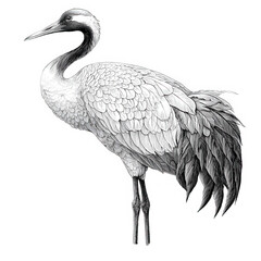 Elegant Black and White Crane Illustration - Detailed Monochrome Bird Art on Transparent Background
