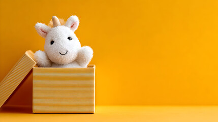 Plush unicorn toy peeking out from a striped gift box against a vibrant yellow background, creating a cheerful and whimsical atmosphere for children. Selective focus