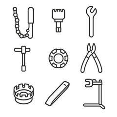 Obraz premium Workshop Tools Icon. Outline style icon of Workshop Maintenance Tools: chain whip, cassette lock-ring tool, pedal wrench, torque
