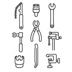 Fototapeta premium Workshop Tools Icon. Outline style icon of Workshop Maintenance Tools: chain whip, cassette lock-ring tool, pedal wrench, torque