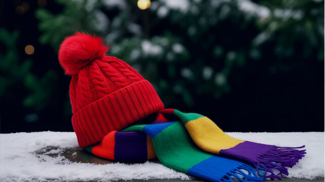 A winter scene featuring a bright red knitted beanie with a pom-pom on top, positioned on a dark surface with snow.
