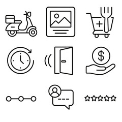 Food Delivery Icons. Outline style icons of Mobile App: food delivery scooter, menu photo tile, add to cart fork, delivery ETA