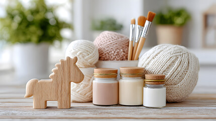 Wooden unicorn figurine beside jars of paint and yarn balls on a rustic table, creating a cozy crafting atmosphere for creative projects. Selective focus