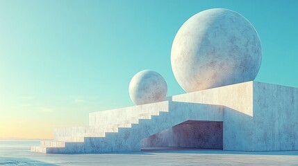 Futuristic architecture with spherical objects on a blocky structure, stairs leading up, clear sky
