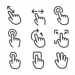 Gesture Icon Set. Line style icons of touch gestures for gallery: pinch zoom, swipe left, swipe right, double tap, rotate with