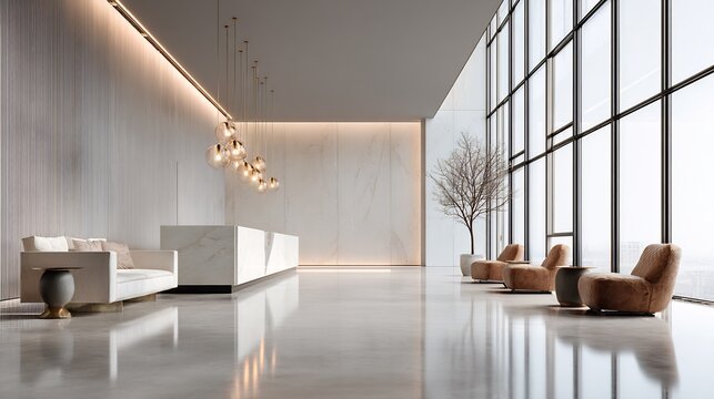 Elegant and modern lobby interior design featuring luxurious finishes and ample natural light