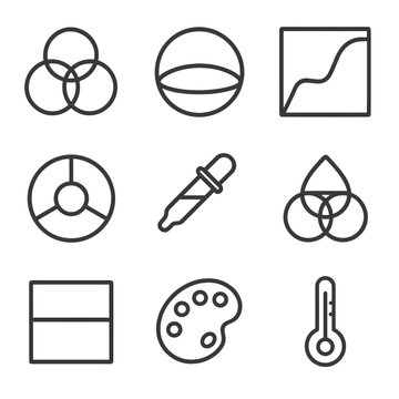 Color Editing Icons. Line style icons of color editing tools: RGB icon, HSL icon, tone curve, color wheel, eyedropper, selective