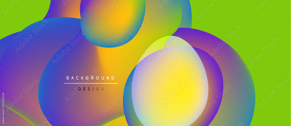 Poster vibrant abstract shapes overlap on lime background. colors blend, creating dynamic visual effect. te