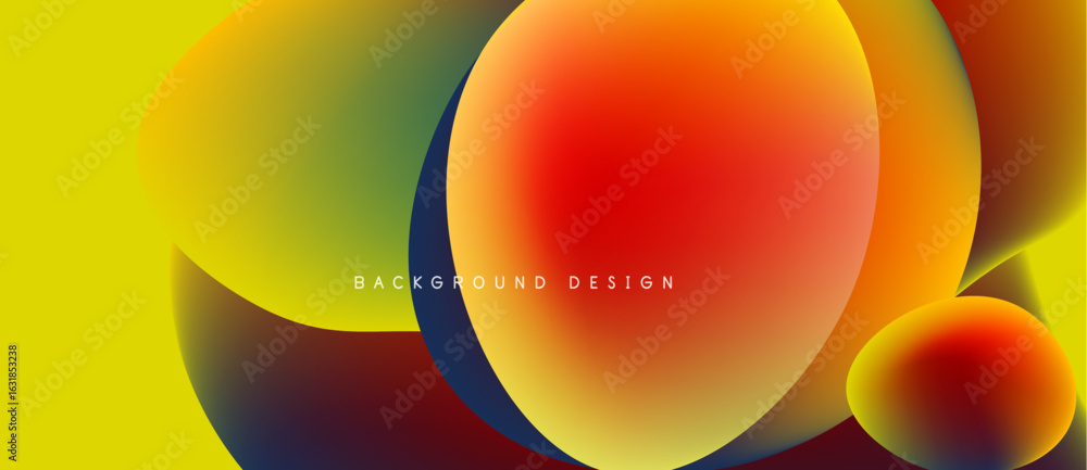 Poster abstract colorful shapes overlap. yellow, orange, red, blue gradients create dynamic visual effect. 