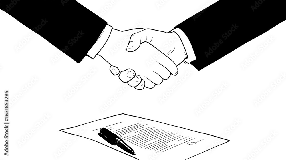 Poster illustration of a handshake above a signed contract with a pen resting on the document in black and 