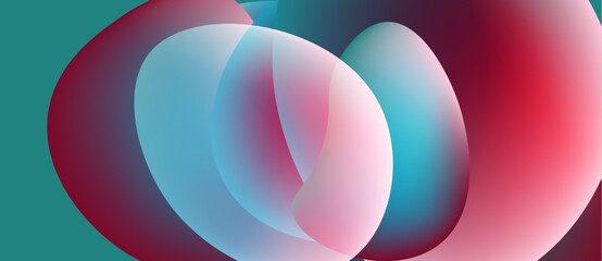 Abstract colorful overlapping circles create vibrant visual effect. Smooth gradients blend pink, red, turquoise hues. Modern design.