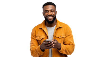 Smiling man holds smartphone with confidence in casual setting