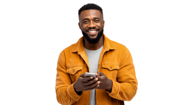 Smiling man holds smartphone with confidence in casual setting
