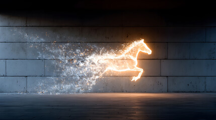 Ethereal horse illustration galloping through a mystical space, surrounded by shimmering light and water effects, capturing the essence of freedom and movement. Selective focus