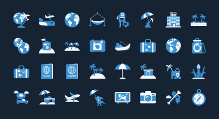 Vector art of collection of travel and tourism icons representing vacation and adventure
