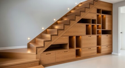 Illuminated Oak Staircase with Bespoke Cabinetry and Smart Storage Solutions