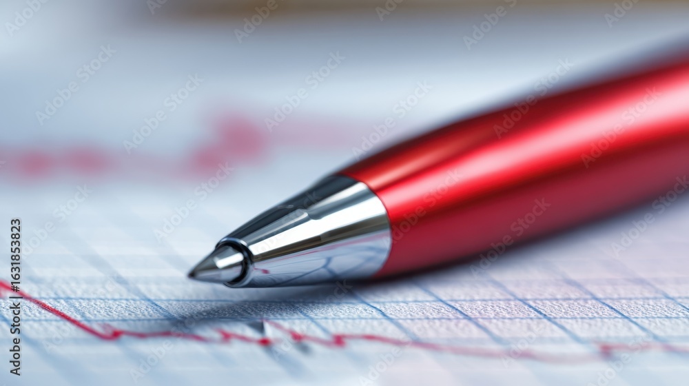 Poster the red pen resting on graph paper with financial statistics.