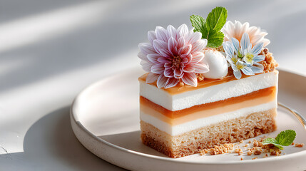 Delicious layered dessert with creamy filling, topped with fresh flowers and mint leaves, beautifully presented on a round plate, showcasing culinary artistry and elegance. Selective focus