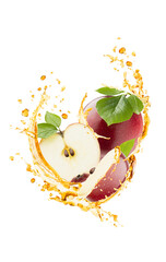 Juicy red apples, green leaves closeup, splashes of yellow apple juice flying as flow on white background, isolated. Summer healthy refreshing fruits for advertising, design, label product, poster.
