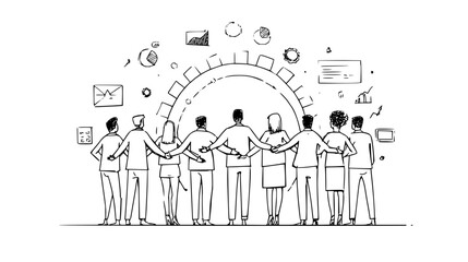 A group of people standing together holding hands with business icons above them in a sketch style art
