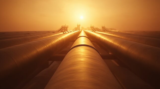 Industrial landscape with large metallic pipes at sunrise, warm golden light, long shadows, maintenance platforms,
