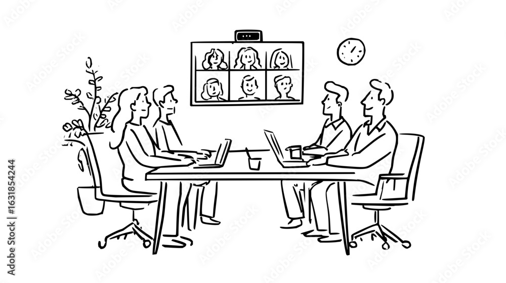 Poster people attending a meeting in person and remotely via video conference with laptops and a clock visi