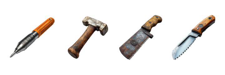 Vintage Hand Tools Collection. Craftsmanship And Carpentry Essentials Isolated On Transparent Background