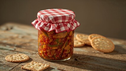 A jar of pickled vegetables with a red and white checkered lid and crackers on a wooden surface
