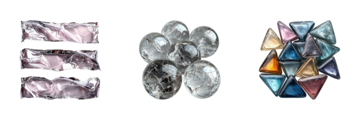 Shiny Foil, Glass Spheres, And Colorful Triangular Gems. Decorative Elements For Design Isolated On Transparent Background