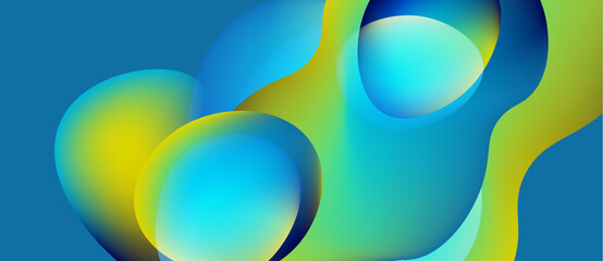 Abstract fluid shapes, vibrant blues, yellows, greens blend. Smooth gradients create dynamic composition, modern aesthetic.