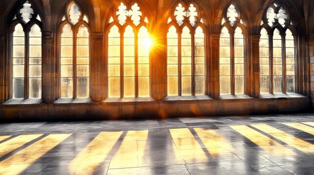 Cathedral Grand Hall Architectural Brilliance with Sunlight Beams and Graceful Arches Creating Art