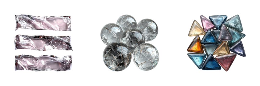 Shiny Foil, Glass Spheres, And Colorful Triangular Gems. Decorative Elements For Design Isolated On Transparent Background