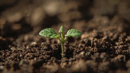 A small green sprout emerges from the dark brown soil in a close up shot with a blurred background