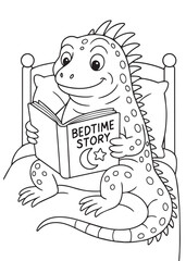 coloring book iguana reading a bedtime story in bed.
