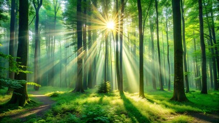 Naklejka premium Sunbeams shining through a green forest