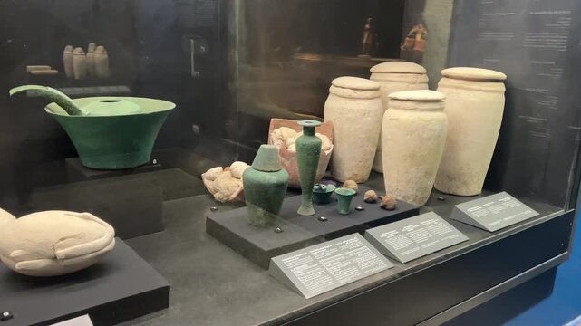 Saqqara, Egypt - Feb 5, 2024: collection of ancient Egyptian artifacts on display at the Imhotep Museum near Saqqara, showcasing the rich history and craftsmanship of the Old Kingdom.