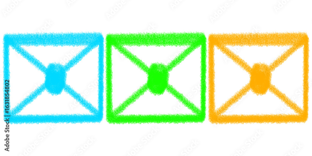 Poster mail envelope icon, hand drawn email symbols in blue green and orange with crayon sketch style repre