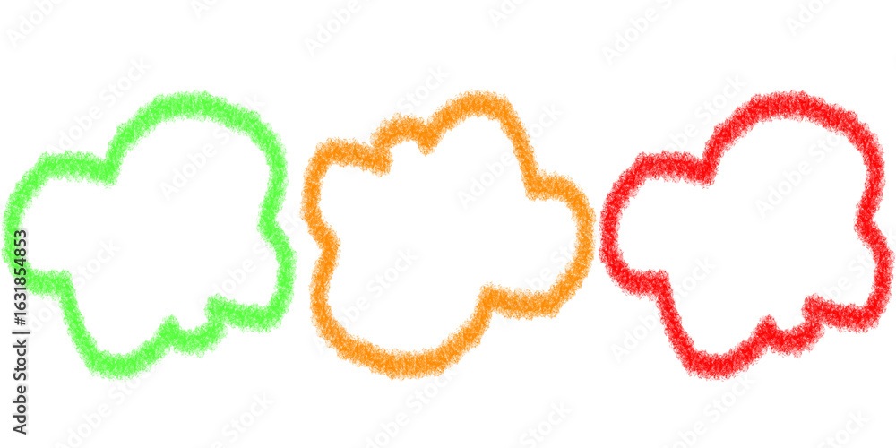 Poster cloud outline icon, hand drawn abstract cloud shapes in green orange and red with soft rounded style