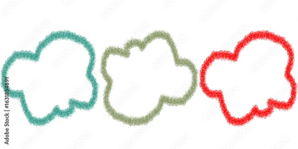 Poster cloud shape icon, hand drawn abstract cloud outlines in teal olive and red with soft sketchy style r