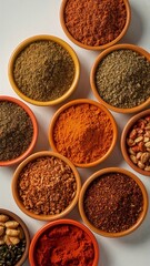 Overhead shot of various spices and ingredients in small bowls arranged on a white surface top down view
