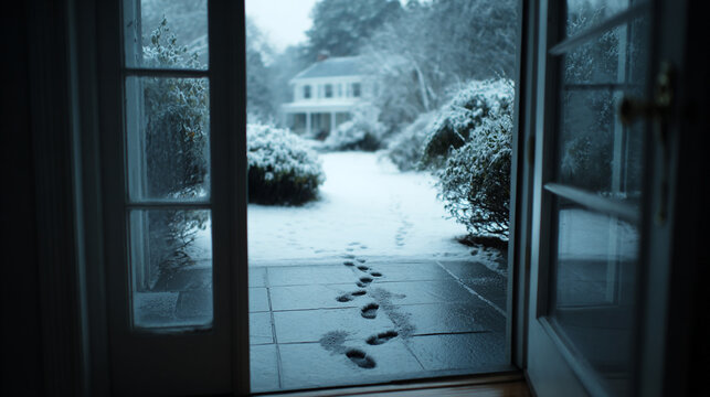 View through an open door to a snowy yard with footprints on the path leading to a house on a cold winter day