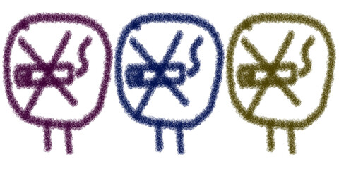 no smoking sign, hand drawn crossed cigarette icons in purple blue and olive colors representing health warning tobacco ban prohibition area alert and anti-smoking campaign design

