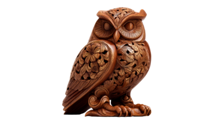Carved wooden owl sculpture with intricate floral patterns