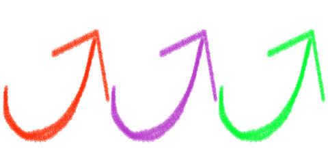 growth arrow icon, hand drawn curved arrows in red purple and green pointing upward with sketchy style representing success direction progress improvement and business development

