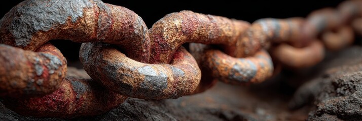 Rusty steel chain resting on a jagged surface in low light, showcasing texture and aging