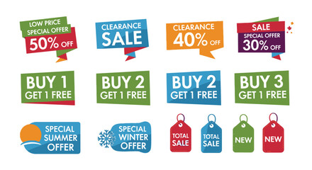 Vector art of collection of sale discount offer labels isolated on white background