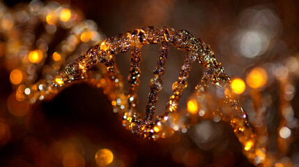 Closeup of a glittering, golden dna double helix structure, symbolizing genetics, science, and life with a shallow depth of field
