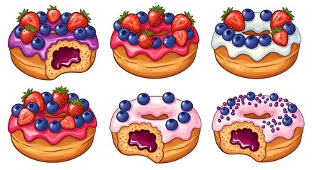 Naklejka premium A Delightful Assortment of Cartoon Donuts Topped with Fresh Berries and Colorful Glazes