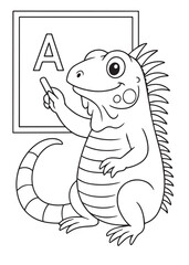 coloring book iguana pointing at a letter on the board.