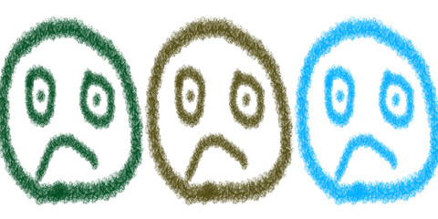 sad face icon, hand drawn emotional expressions in green brown and blue showing unhappy mood depression frustration or stress with sketchy cartoon face design for emotion visuals

